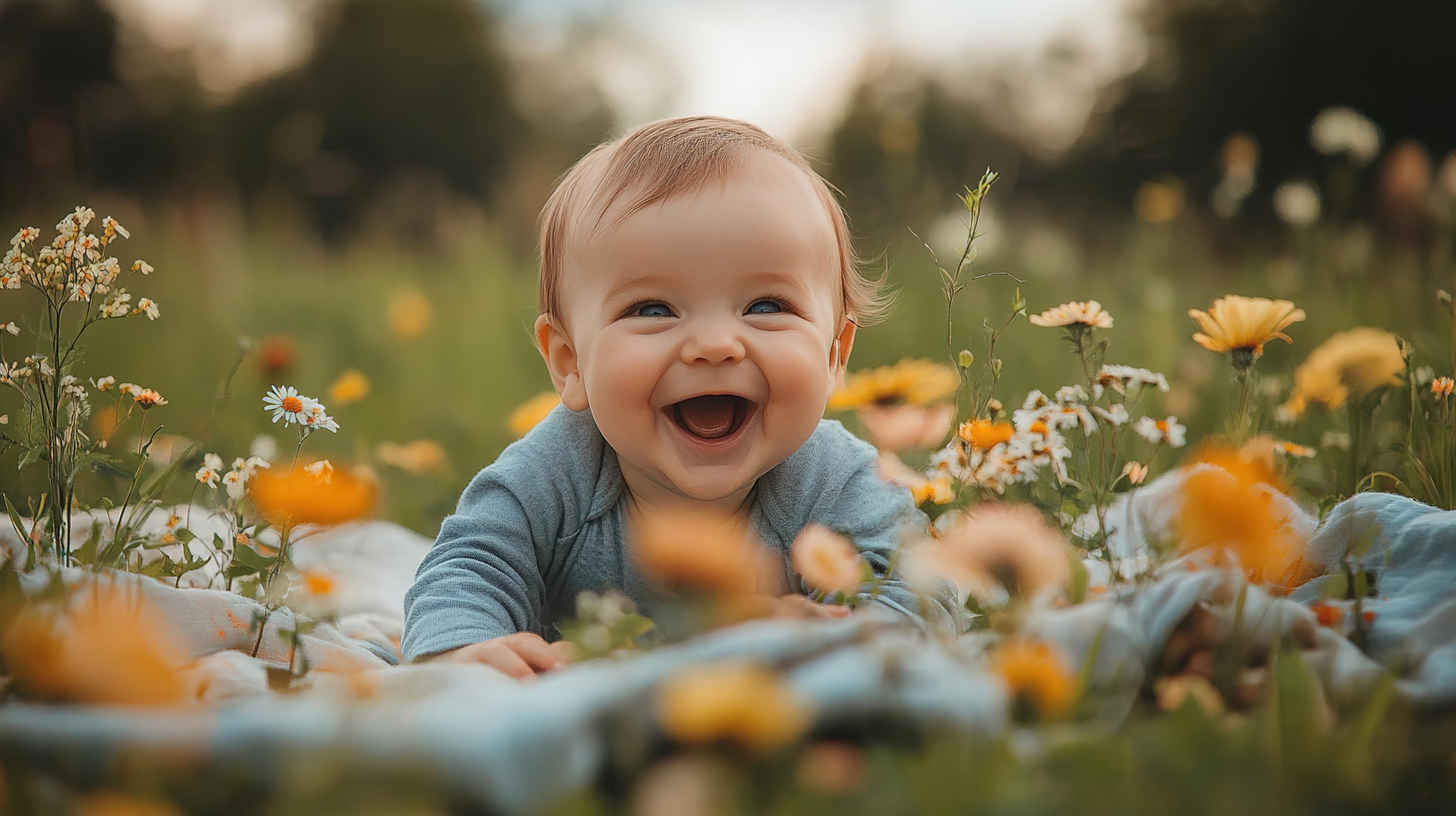 Baby liegt auf dem Bauch in einer Blumenwiese und lächelt 
