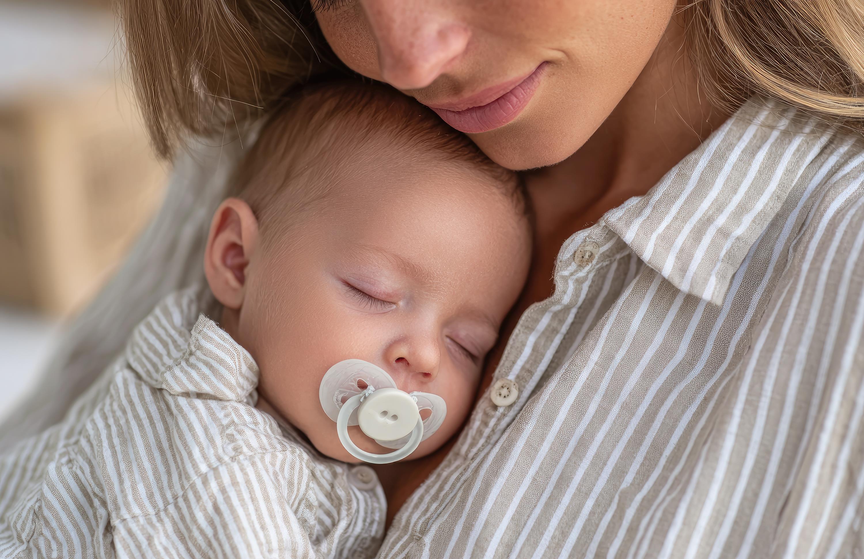 Frau hält schlafenden Babys mit Schnuller im Mund auf dem Arm