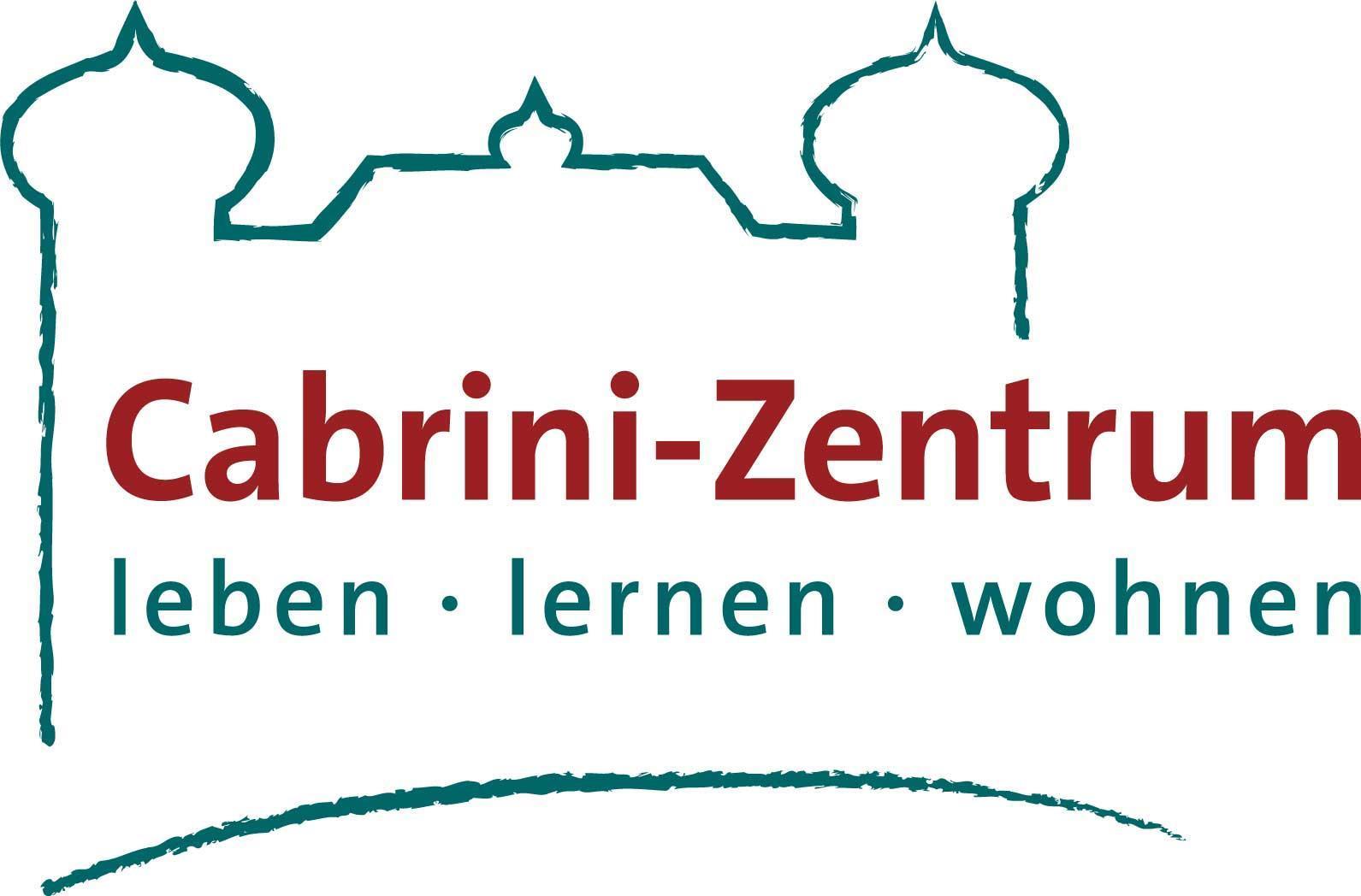Logo Cabrinizentrum rote Schrift mit Cabrinihaus als Hintergrund