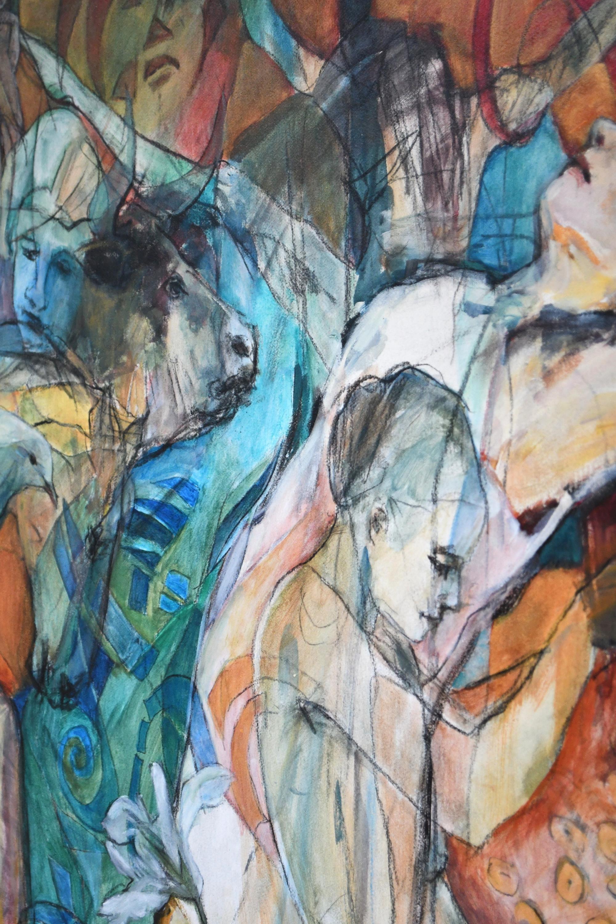 Ein Kunstwerk zeigt Tiere und Menschen, die ineinander verschwimmen