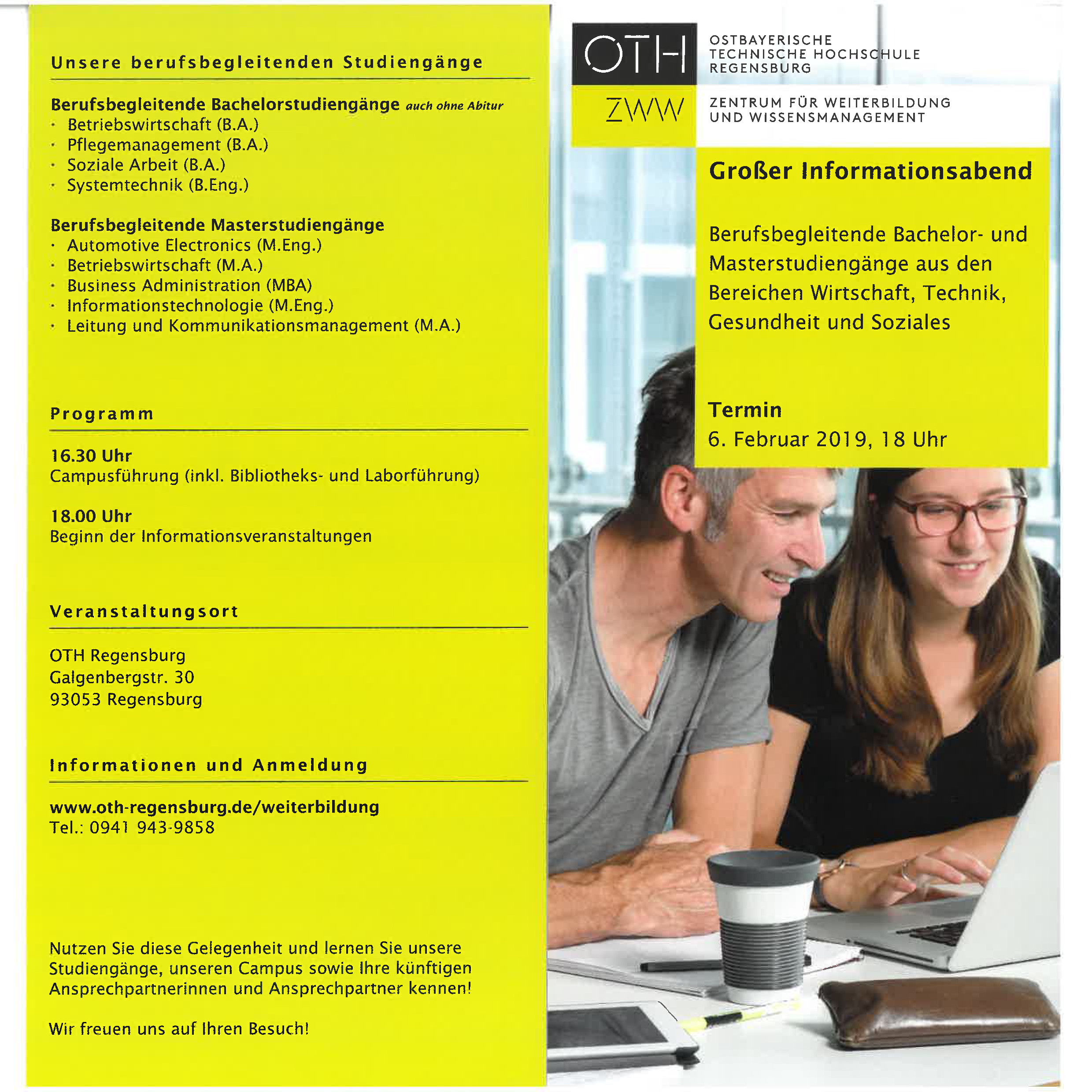 Informationsabend zu berufsbegleitenden Bachelor- und Masterstudiengänge aus den Bereichen Wirtschaft, Technik, Gesundheit und Soziales an der OTH Regensburg am 06.02.2019